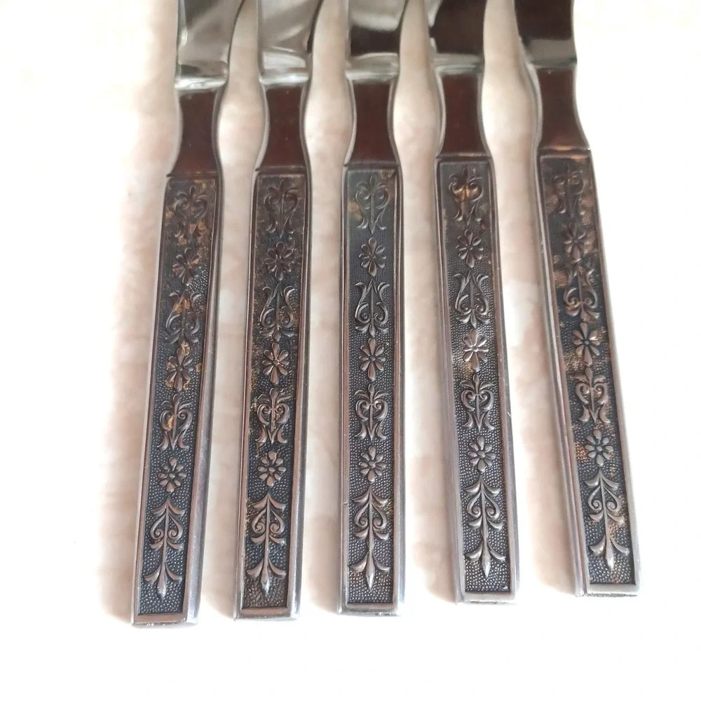 Vintage Japan‎ Stainless Steel Steak Knives Set of 5 Floral Ornate Pattern MCM